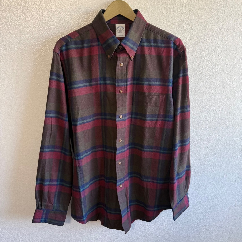 Brooks Brothers Size Large Regent Red Green Plaid Long Sleeve Button Up Shirt